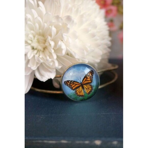 Monarch Butterfly Cuff Bracelet - Cottage Core - Bronze and Glass Cabochon - Picture 4 of 4